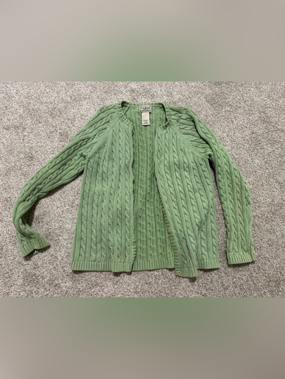 L.L. Bean Light Green Cable Knit Cardigan
